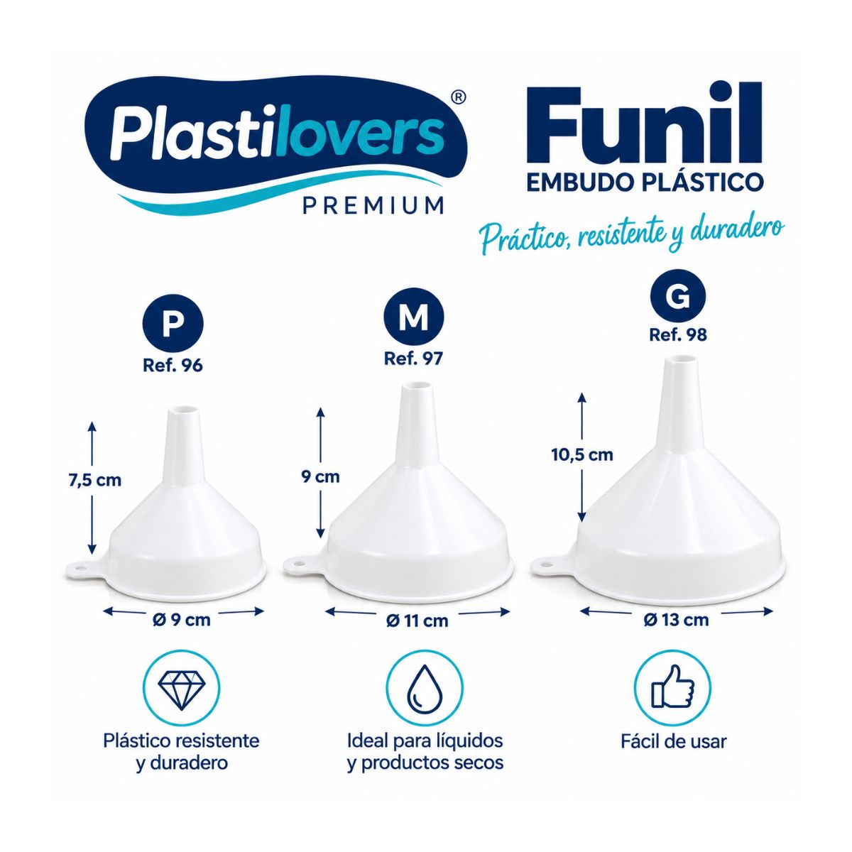 Combo de 3 embudos Premium Plastilovers tamaños P M y G detalle