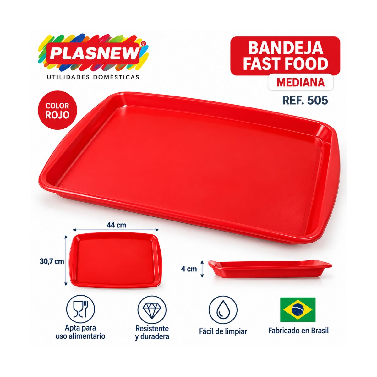 Bandeja Fast Food Mediana Plasnew Ref. 505 – Roja - Imagen 2
