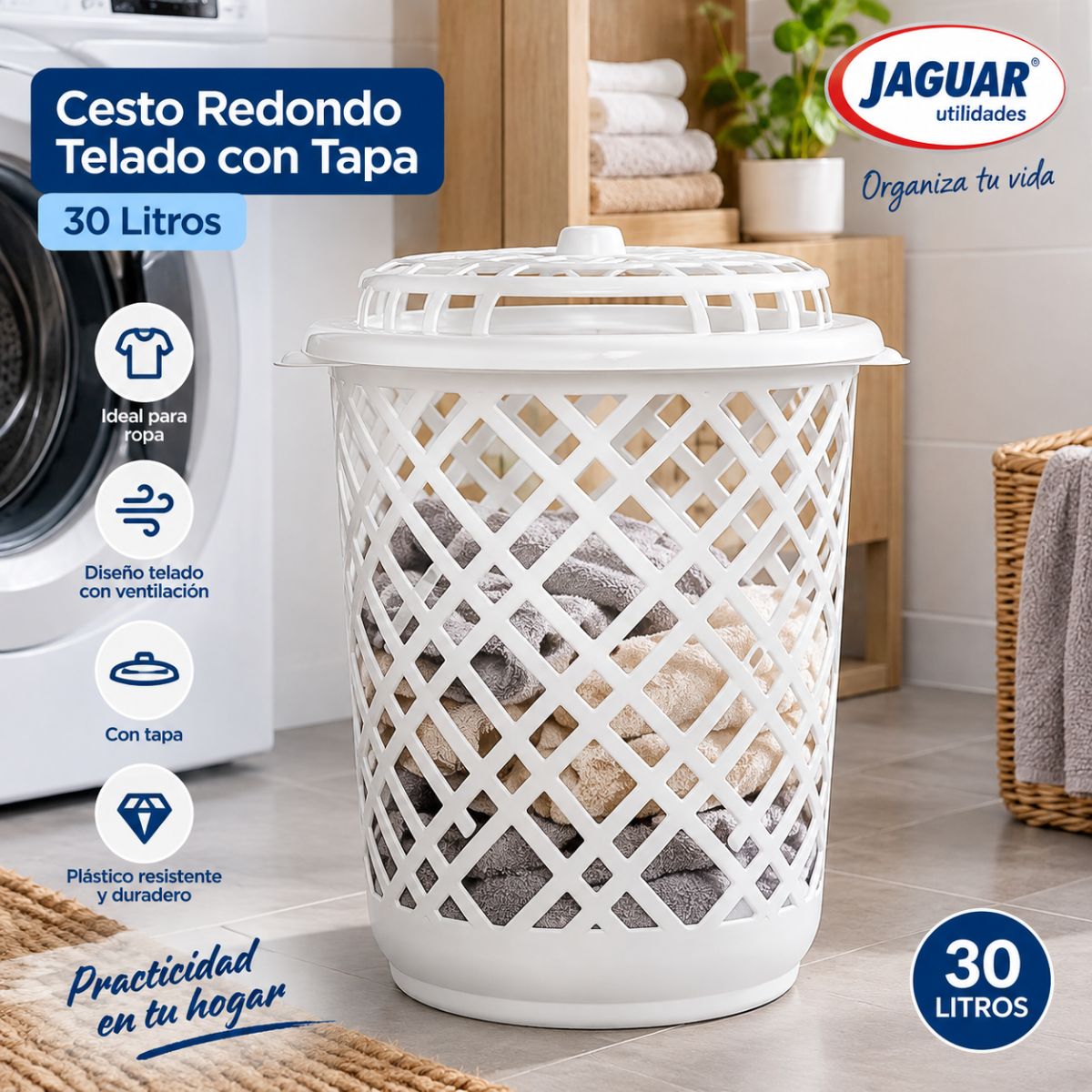 Cesto de Ropa Redondo Talado Jaguar 30 L con Tapa - Imagen 2