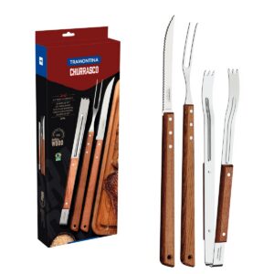 Utensilios para asado Tramontina Churrasco de 3 piezas en acero inoxidable y madera