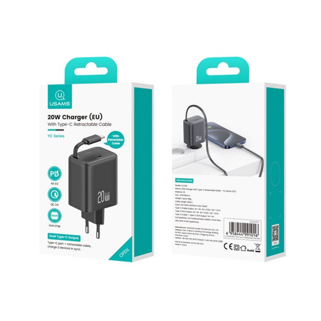 cargador GaN 20W USB-C retráctil