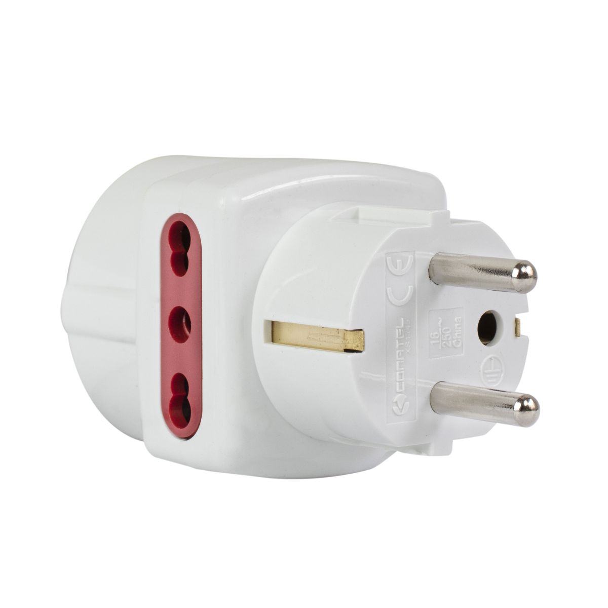 Adaptador Conatel Schuko con 2 tomas tres en línea detalle