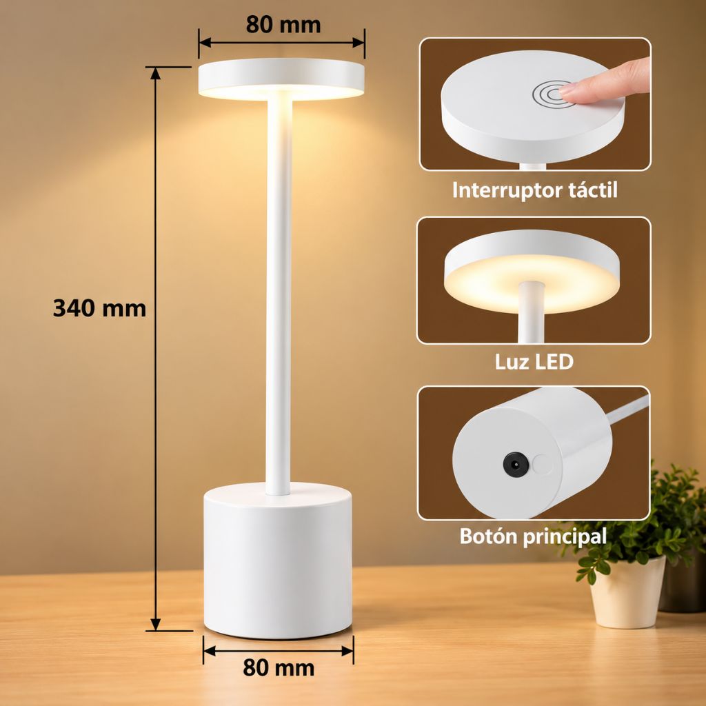 Lámpara de mesa LED recargable blanca con control táctil y 3 tonos de luz
