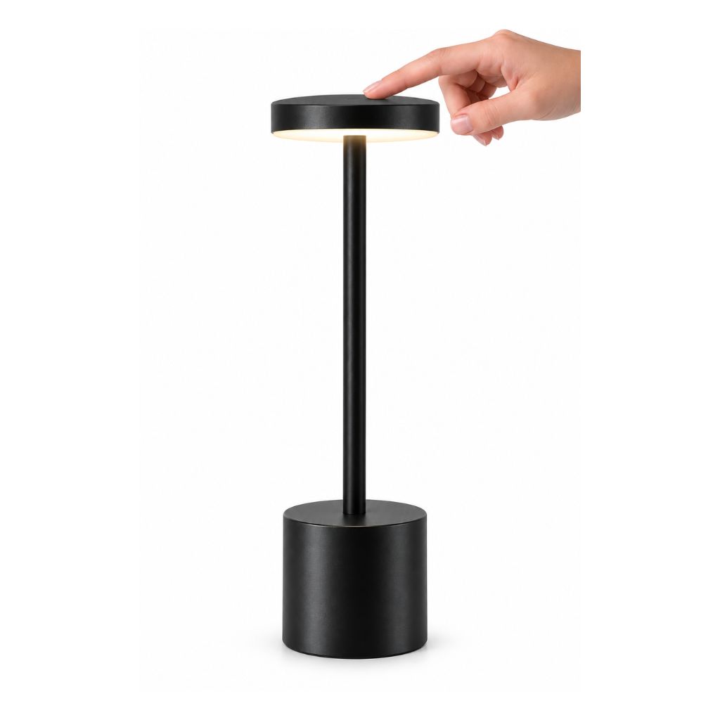 Lámpara de mesa LED recargable negra con control táctil y 3 tonos de luz