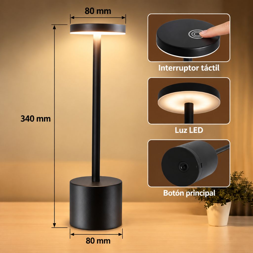 Lámpara de mesa LED recargable negra con control táctil y 3 tonos de luz