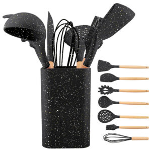 Set de utensilios de cocina Cuori CUO818 8 piezas en nylon negro con mangos estilo madera y soporte
