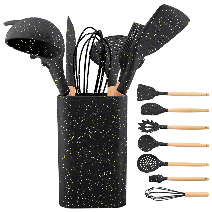 Set de utensilios de cocina Cuori CUO818 8 piezas en nylon negro con mangos estilo madera y soporte