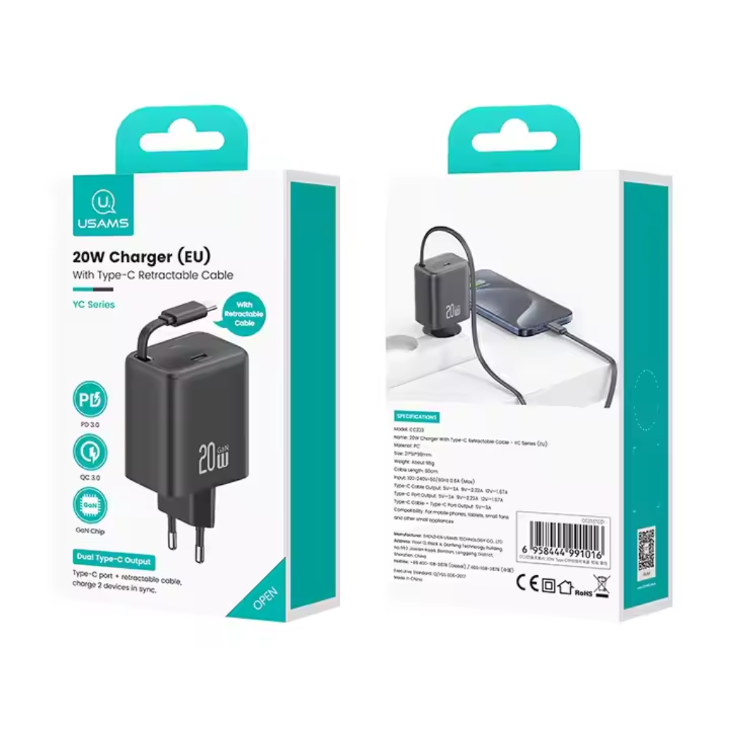 Cargador USAMS 20W PD USB-C con cable retráctil 80 cm detalle